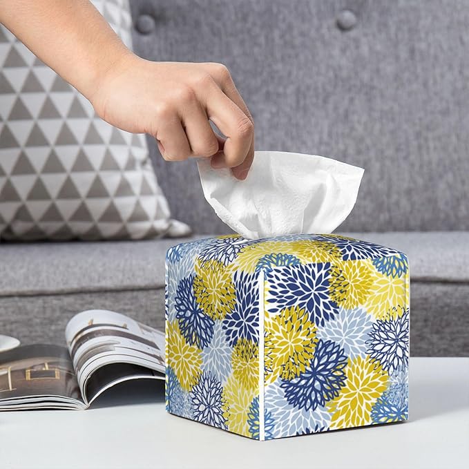 POIUBLE Yellow and Navy Chrysanthemum Flower Tissue Box Cover Leather Tissue Box Holder Square Facial Paper Organizer Dispenser for Bathroom Kitchen Bedroom Vanity Countertop Night Stands