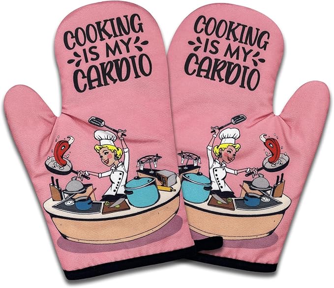 2 Pack Funny Oven Mitts for Women, Cooking is My Cardio, Heat Resistant Silicone Non-Slip Mitts, Sweet Housewarming Gifts for Baker Chef Cooking Lovers, Hostess Gifts for Mom Wife Sister