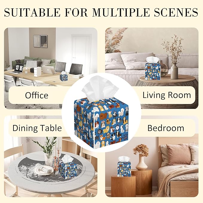 POIUBLE Tissue Box Holder Cute Dogs Tissue Box Cover Square Leather Tissue Holder Organizer Portable Decorative Facial Paper Case for Home Office Bathroom Vanity Countertop