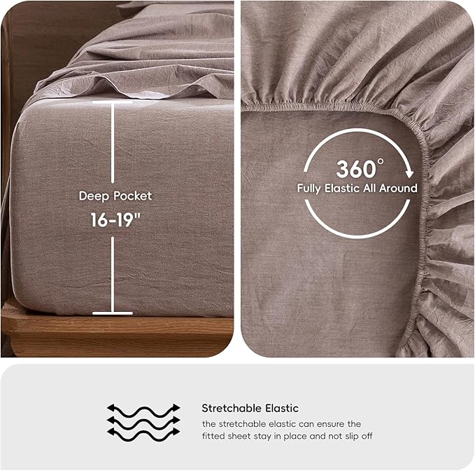 MooMee Bedding Sheet Set 100% Washed Cotton Linen Like Textured Breathable Durable Soft Comfy (Heathered Mauve Brown, Twin)