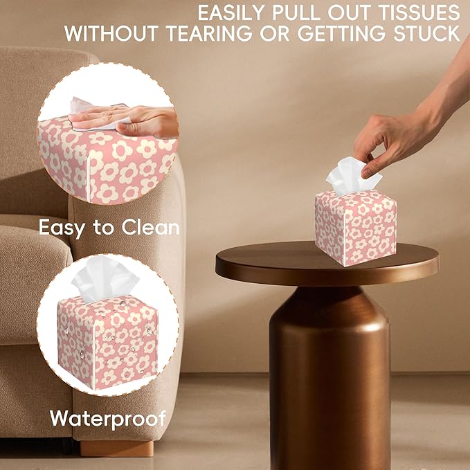 Tissue Box Cover Leather Tissue Box Holder Cube Tissue Case Cover Facial Paper Organizer Dispenser for Bathroom, Vanity Countertop, Office Desk (Vintage Groovy Flowers)