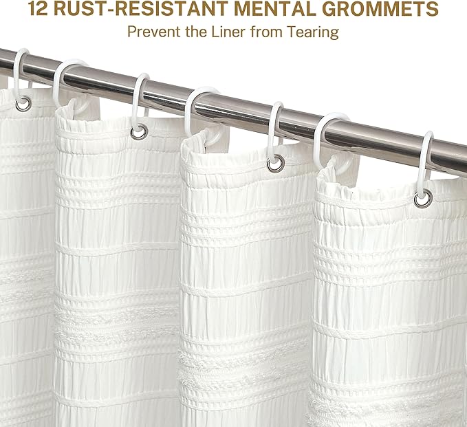 Siiluminisoy White Shower Curtain Fabric, White Textured Shower Curtain Farmhouse Cotton Blend Striped Shower Curtains for Bathroom Shabby Chic Rustic Decor 72" x 72"
