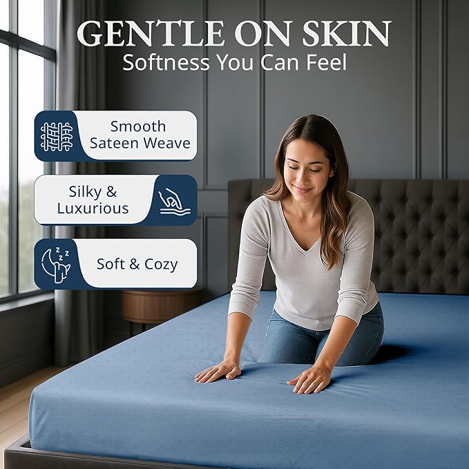 Lane Linen 100% Egyptian Cotton King Size Fitted Sheet Only (79"x81" + 16") - Elegant Sateen Weave, Ultra Soft, Breathable, Highly Durable, Deep Pockets Upto 17" - Swiss Dot French Blue