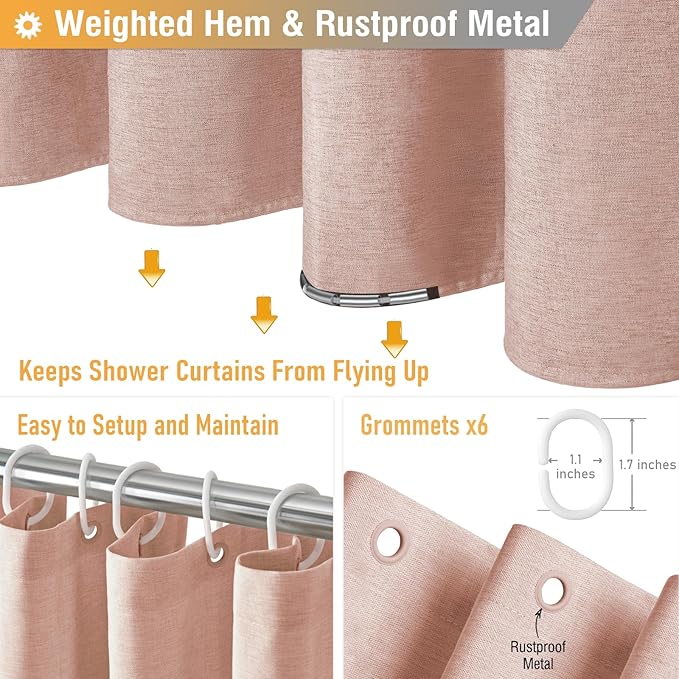 BTTN Stall Fabric Shower Curtain - 36x72 Inch Narrow Linen Textured Heavy Duty Shower Curtain Set with 6 Plastic Hooks, Half Neutral Minimalist Waterproof Shower Curtains for Bathroom - Blush Pink
