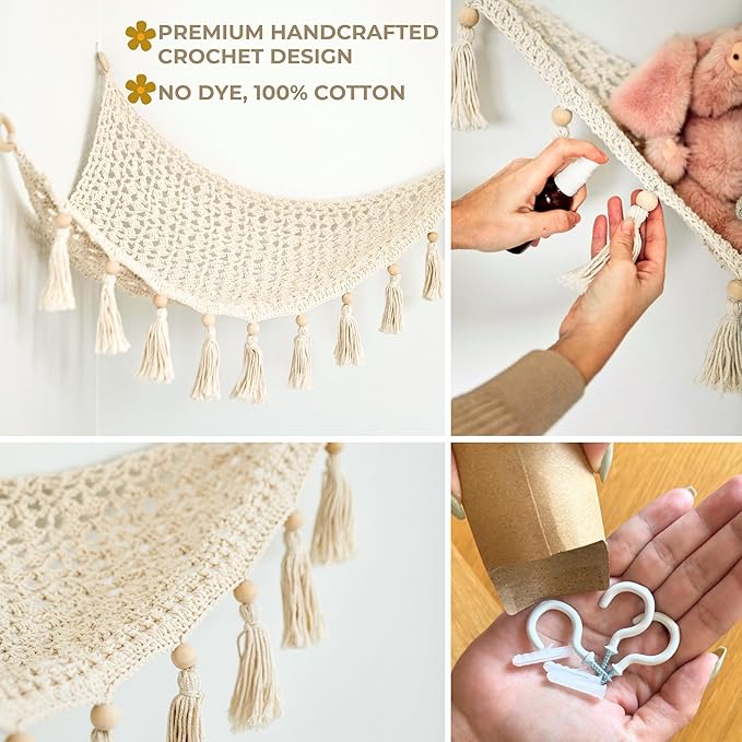 Sasa Baby and Toddler Macrame Hanging Net for Stuffed Toys - Corner Hammock Organizer for Plush Animals, Buttercream