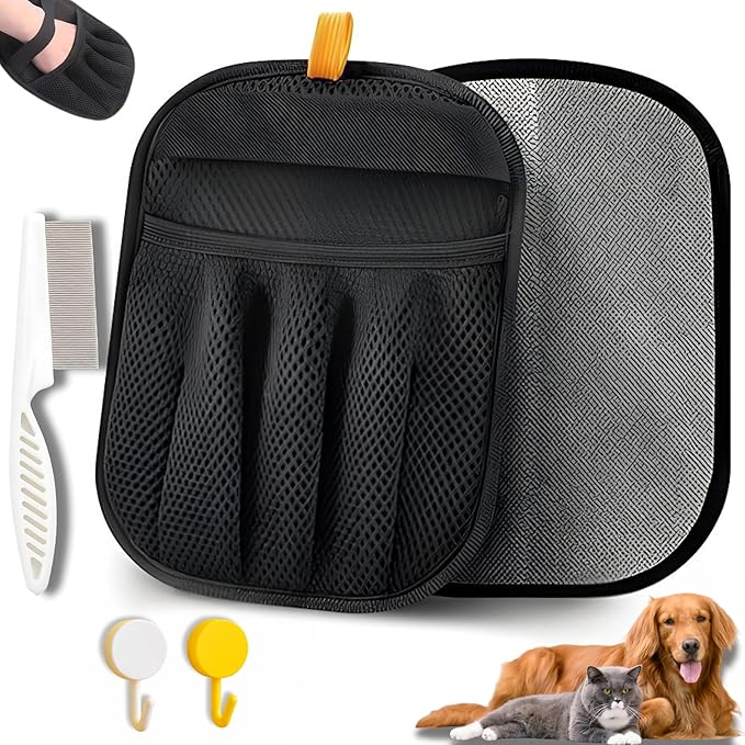 Pet Hair Removal Glove for Cats & Dogs - 2 Gloves, 2 Hangers & 1 Comb Set - Reusable Electrostatic pet hair remover glove for Pets Grooming, Double Sided Static Pet Hair Fur Remover Tool Mitt Gloves