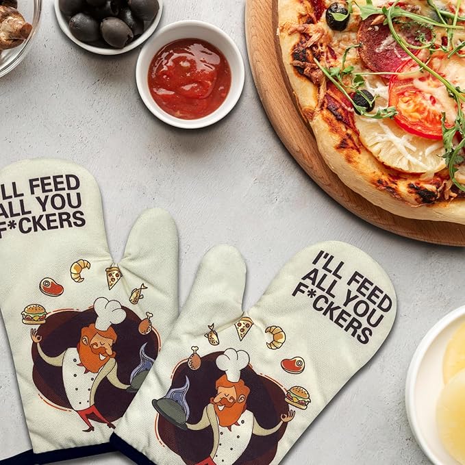 2 Pack Funny BBQ Oven Mitts, I'll Feed All You Fuckers, Heat Resistant Silicone Non-Slip Mitts, Humorous BBQ Grilling Gifts for Men, Christmas Birthday Gifts for Dad Husband Boyfriend Chef