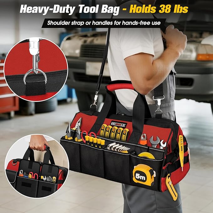 16-Inch Heavy Duty Tool Bag, 19-Pockets Tool Box Organizer, Portable Toolbag W/Soft Handle for Organized Storage, Mechanic Gifts for Him Men Husband Valentines Day, Wide Mouth Electrician Toolbox, Red