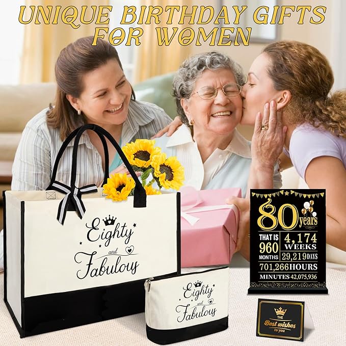 YeohJoy 80th Birthday Gifts for Women 80 and Fabulous Canvas Tote Bag Travel Gear, Unique 80 Years Old Gifts for Wife Sister Grandma Mom Aunt Friends Her, Handbag & Cosmetic Bag & 80 Birthday Poster