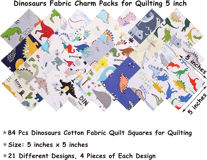 Hanjunzhao 84Pcs Dinosaur Cotton Fabric Squares 5x5, Charm Packs for Quilting 5 inch, Precuts 5x5 Quilt Squares for Quilting, Sewing, Baby Boy Blanket, Home Decor, and Crafts, Cartoon Dinosaurs