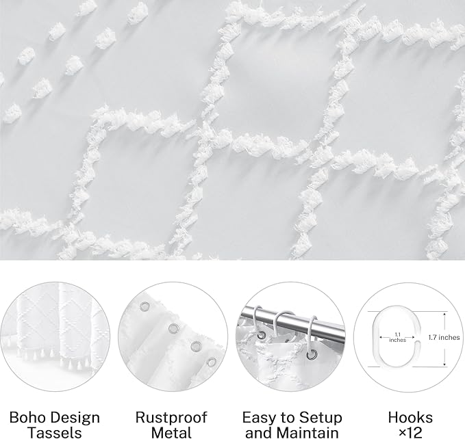 Siiluminisoy Small Stall Boho Shower Curtain White Tassle Woven Fabric Shower Curtain 36 x 72 Half Size Tufted Chevron Striped Textured Modern Farmhouse Minimalist Cloth for Bathroom