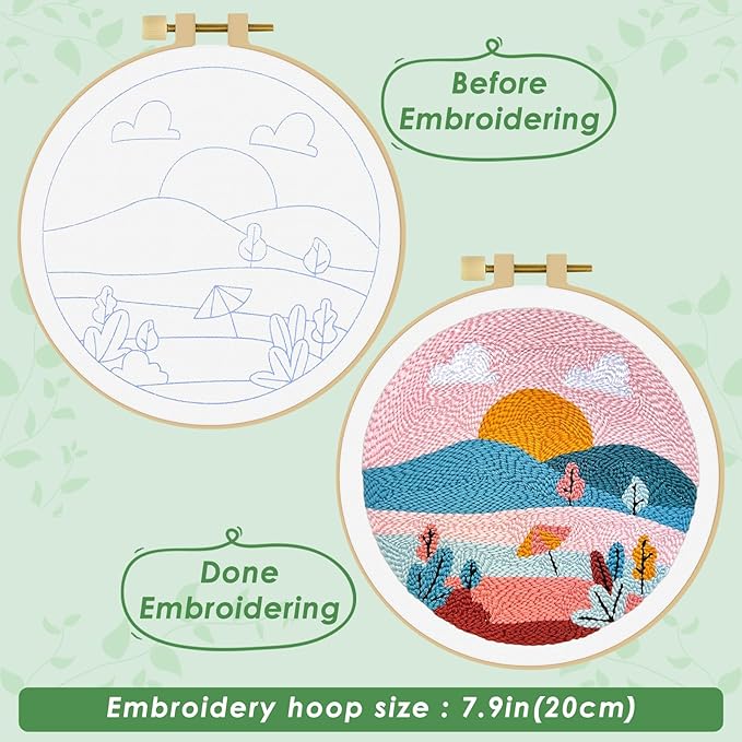 ERKOON Punch Needle Kit Adults Beginners, DIY Easy Landscapes Embroidery Set for Starter Art Craft, Needling Punch Project with Patterns, Tools, Yarns, Hoop, Instruction (Summer)
