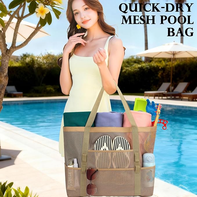 Fammart Mesh Beach Bag, Large Beach Tote with Zipper Pocket for Family Pool Bag for Toys & Vacation Essentials
