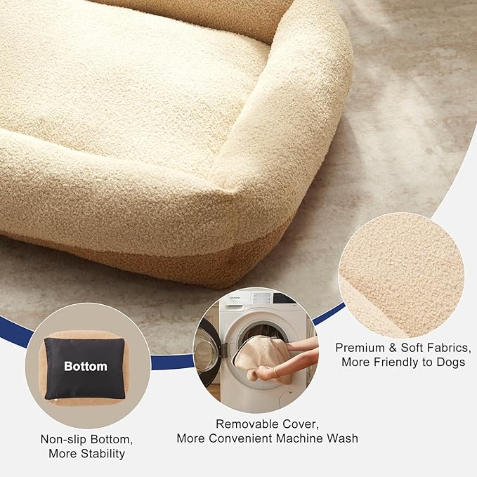 FURTIME Washable Dog Bed Medium Size Dogs, Rectangle Comfy Fluffy Medium Dog Bed, Removable Zipper Cover Machine Wash, Soft Orthopedic Bed Durable Pet Cuddler with Anti-Slip Bottom, 25"x21"x7", Beige