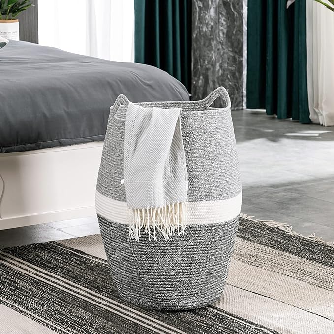Cotton Rope Laundry Hamper by YOUDENOVA, 105L - Woven Collapsible Laundry Basket - Clothes Storage Basket for Blankets, Laundry Room Organizing, Bedroom Storage, Clothes Hamper – Dark Grey