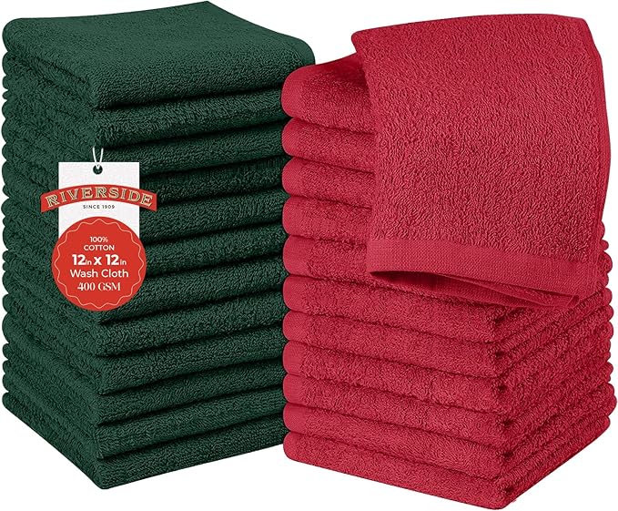 RIVERSIDE 24 Pack Christmas Washcloths Set - 100% Cotton [12x12 Inches] - Soft, Quick-Dry & Highly Absorbent Face Towels - Perfect for Bathroom, Gym, Hotel, Spa & Travel - Red Hunter Green