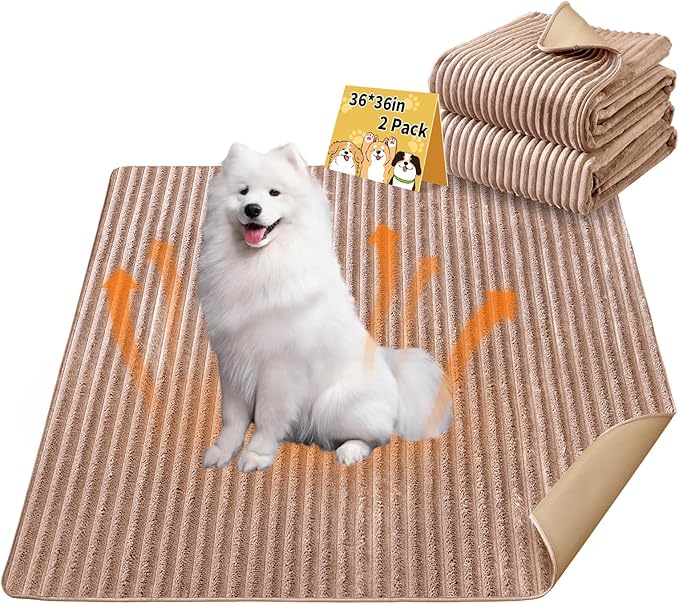 Dog Crate Mat, 2 Pack 36"×36" Flannel Washable Pet Mat for Dogs and Cats, Non-Slip Pet Pad for Kennel Training, Absorbs Urine and Waterproof Pad for Sofa Bed Crate Kennel Car Seat Floor（Khaki）