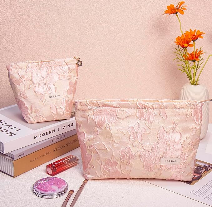 getgto 2 Pcs Makeup Bags, Large Cosmetic Bag Travel Toiletry Bag Organizer for Women, Embroidery Craft, Floral Makeup Bag Small Cosmetic Pouch Purse with Zipper Gifts for Girls Teen