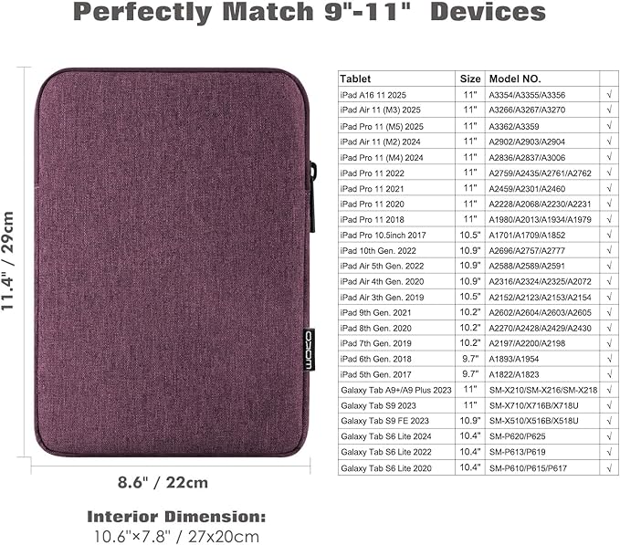 MoKo 9-11 Inch Tablet Sleeve Bag Carrying Case Fits New 11inch iPad Air M3, iPad A16 2025, iPad Pro 11 M4, Air 5/4/3, iPad 10/9/8th Gen, Tab S8/S9 11", Purple