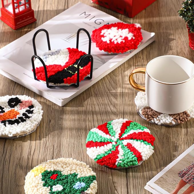 Yaomiao 6 Pcs Christmas Punch Needle Coaster Kit Embroidery Kits Punch Needle Set Craft Supplies with Patterns Yarns Tools Adhesive Felt Embroidery Hoop Instruction Holder for Adult DIY