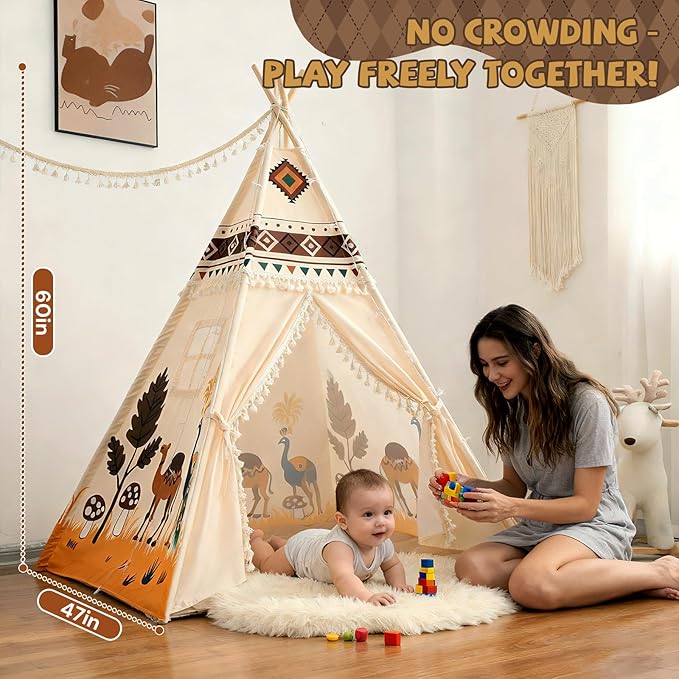 Duwenem Teepee Tent for Kids, Play Tent with Padded Mat & Star Lights, Indoor Play Tent for Girls & Boys, Desert Camel