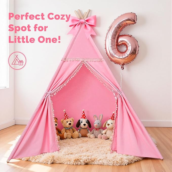 Sumbababy Large Teepee Tent for Kids Indoor - Cotton Canvas Slumber Play Tents for Adults - Foldable Sleepover Tents for Girls Boys Party Gift Toy, Pink