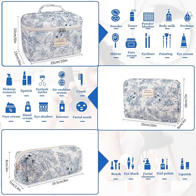 Gosect Quilted Makeup Bag Set, Large Floral Cosmetic Bag for Women, Cute Cotton Makeup Bag, Flower Travel Toiletry Organizer Bag. (Navy Blue)