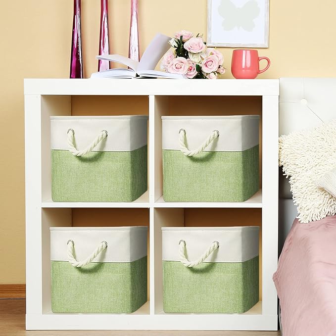 Geiserailie 6 Pcs 11 x 11 Inch Cube Storage Bins Fabric Storage Organizer Bins Foldable Cube Baskets with Sturdy Carry Handles Wicker Baskets for Home (Green,White)