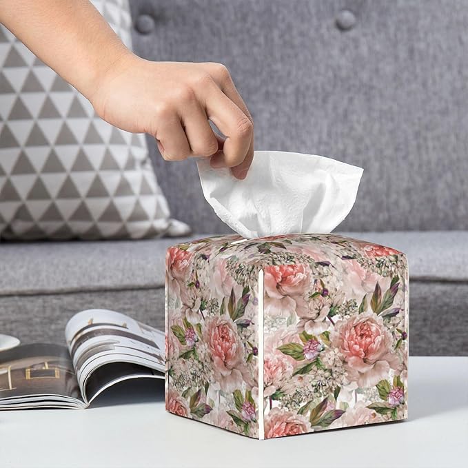 POIUBLE Leather Tissue Box Holder Watercolor Peony Flowers Tissue Box Cover Square Waterproof Tissue Holder Organizer Modern Napkin Holder for Bedroom Dresser Night Stand Office Desk