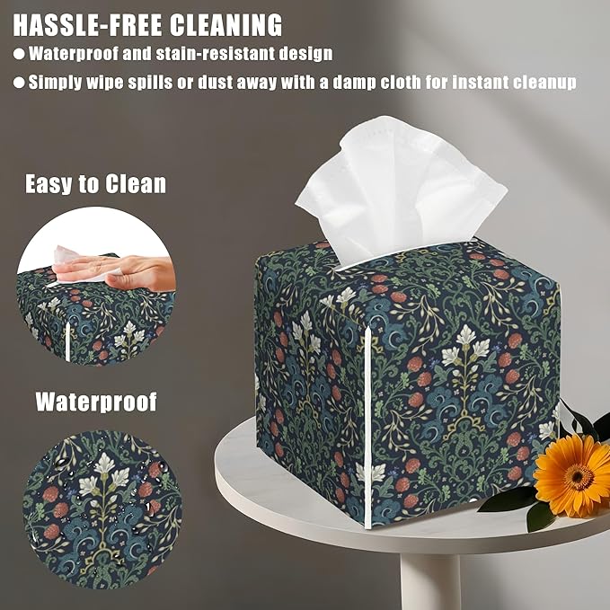 BLYKVGHQ Garden Flowers Square Tissue Box Cover William Morris Art Tissue Box Holder Facial Cube Paper Dispenser Leather Decorative Organizer Home Office Desk Decor, 5.2"x5.2"x5.2"