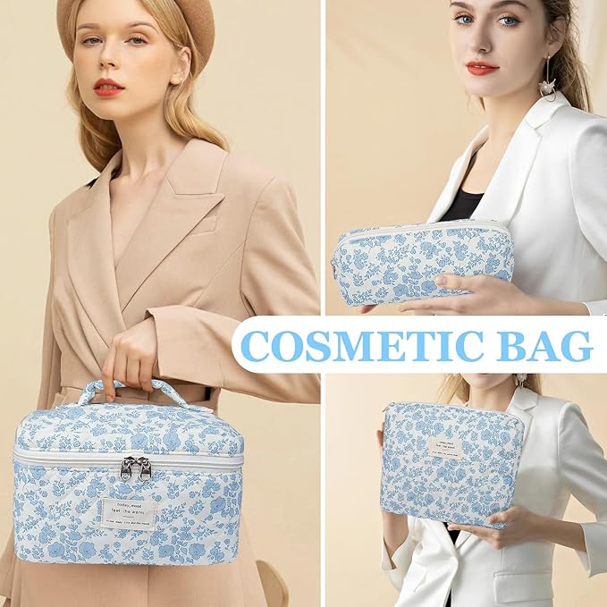 3pc Makeup Bag Set, Quilted Makeup Bag Set, Large Floral Cosmetic Bag for Women, Cute Cotton Makeup Bags, Flower Travel Toiletry Organizer Bag (Pink Cherry Flowers)
