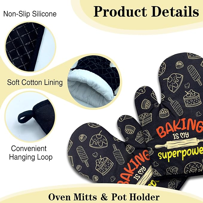 2 Pack Funny Baking Oven Mitts for Women, Baking is My Superpower, Heat Resistant Silicone Non-Slip Mitts, Hostess Gifts for Mom Wife Sister, Housewarming Gifts for Chef Friend Bake Lovers