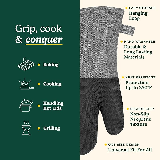 Cuisinart Kitchen Oven Mitts – Heat-Resistant Kitchen Mitts for Oven with Non-Slip Neoprene Palm, Long Cuff, and Cotton Filling – Durable Oven Gloves for Cooking, Baking, & Grilling (Chambray)