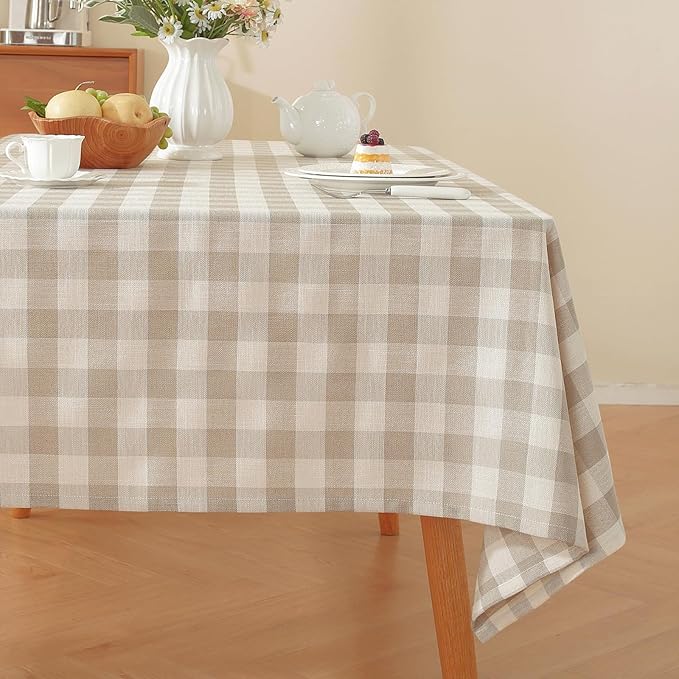 Alsoo Checkered Tablecloth Rectangle Washable Buffalo Plaid Table Cloth Cotton Linen Gingham Table Cover for Picnic Kitchen Dining Room, Beige and White, 60 * 106