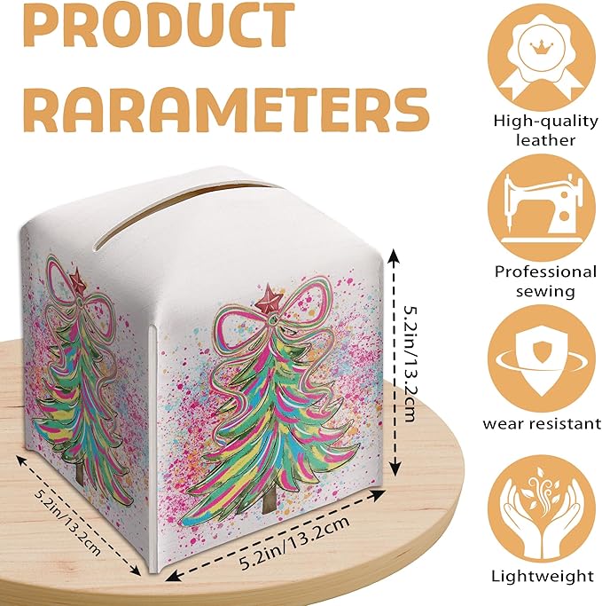 Christmas Tree Tissue Box Holder, Colorful Christmas Tree Leather Tissue Box Cover Square, Paper Facial Decorative Tissues Cover for Night Stands Bathroom Kitchen Office Home Decor-B01