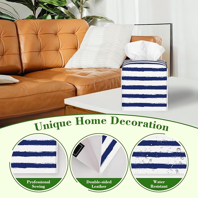 Navy Blue Stripes Tissue Box Cover,Color Horizontal Striped Waterproof Leather Square Tissue Box Cover Case Facial Paper Organizer Dispenser Box Holder for Home Office Bathroom Vanity Countertop