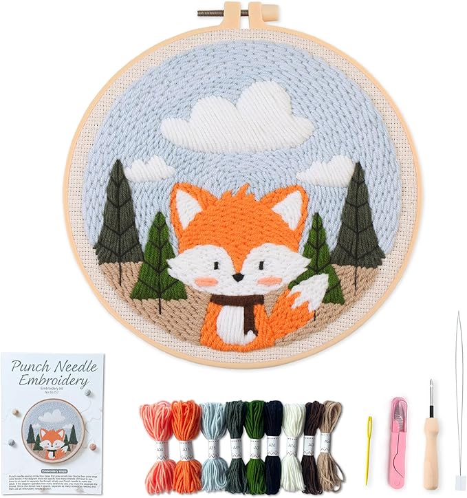 Myfelicity Punch Needle Embroidery Kit, Beginner Craft Set with Animal Pattern Design, 7.9 Inch Hoop (Fox)