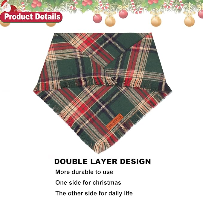 ADOGGYGO Christmas Dog Bandanas with Tassels Edges, Stylish Plaid Dog Christmas Scarf Bib, Multiple Sizes Offered, Plaid Bandanas for Small Dogs (Small)