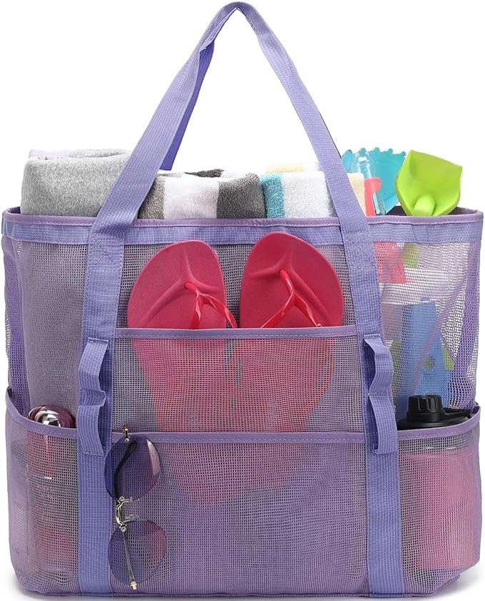 Fammart Mesh Beach Bag, Large Beach Tote Bags with Zipper, Toys Pool Bag for Family Travel Vacation Cruise Essentials