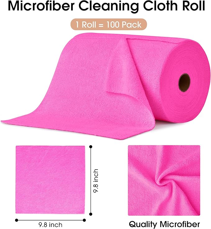 KitchLife Microfiber Cleaning Cloth Roll, 100 Pack - Tear-Away Microfiber Paper Towels, Lint-Free, Reusable, Washable for Kitchen, Car, Dishes, and Sensitive Surfaces (Hot Pink)