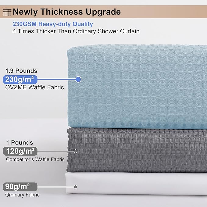 OVZME Stall Fabric Shower Curtain Set - 36Wx72L, Waffle Weave 230GSM Heavy Duty Small Shower Curtains for Narrow Stall Size, Machine Washable Bath Curtain with 12 Plastic Hooks, Glacier Blue