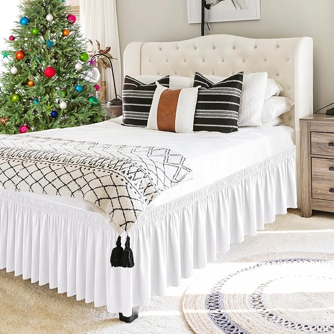 Biscaynebay Wrap Around Bed Skirts for Full & Full XL Beds Extra Short Drop of 9", White Elastic Dust Ruffles Easy Fit Wrinkle and Fade Resistant Silky Luxurious Fabric Solid Machine Washable