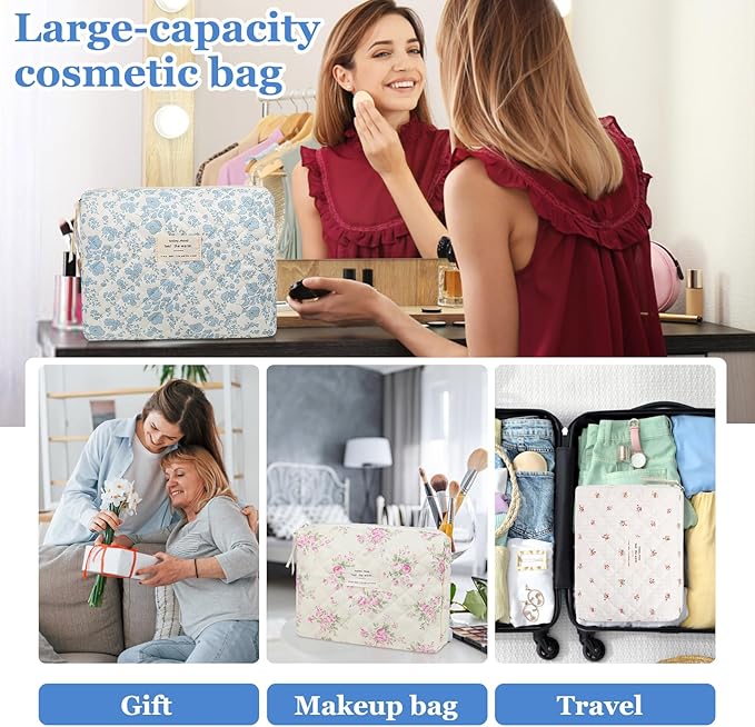 Floral Makeup Bag, Small Cosmetic Bag for Women Girls, Cute Cotton Makeup Bag, Quilted Makeup Bags, Flower Travel Toiletry Organizer Bag(Blue Flower)