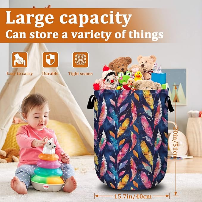 Colorful Feather Laundry Basket with Sturdy Handles, Collapsible Oxford Cloth Laundry Hamper Organizer Basket for Bathroom Bedroom 15.7x20 Inch