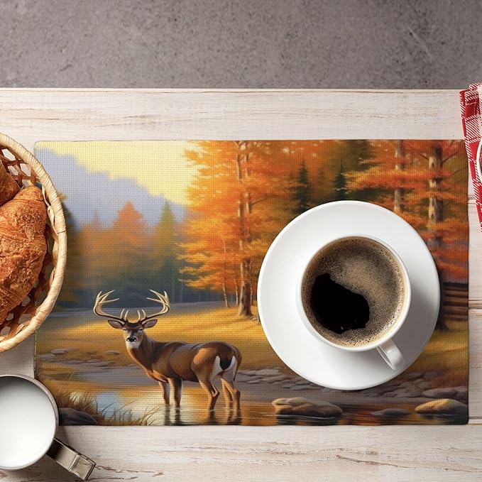 Rustic Deer Placemats, Natural Vintage Old Oil Painting Style Forest Lodge Hunting Elk Wildlife Print Washable Fabric Placemats Table Kitchen Dining Party 12x18 Inch Set of 4