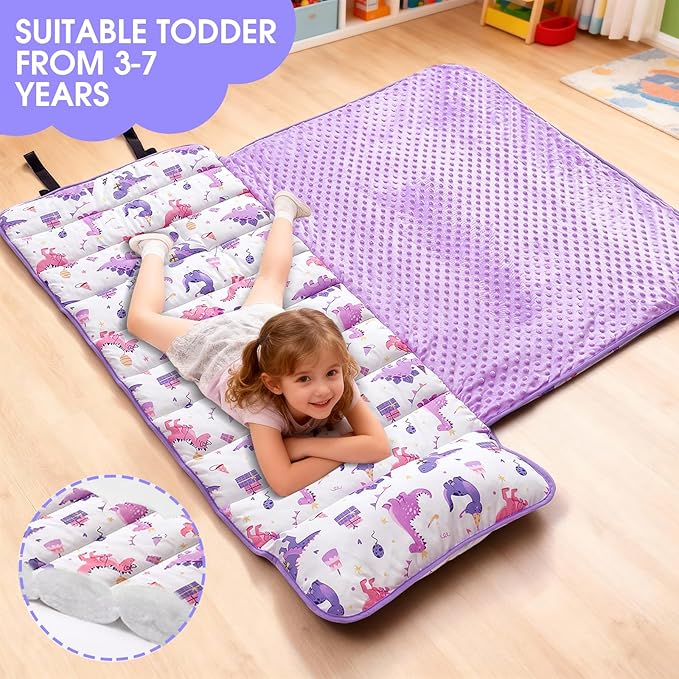 ACRABROS Toddler Nap Mat with Pillow and Blanket, Extra Large Rolled Napping Mats,Slumber Bags for Boys Girls,Kids Sleeping Bag for Daycare, Preschool Travel Camping,Party Dinosaur