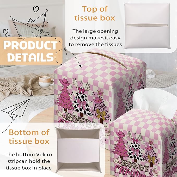 Howdy Christmas Tissue Box Holder, Pink Checkered Cowgirl Western Christmas Trees Leather Tissue Box Cover Square, Paper Facial Decorative Tissues Cover for Bathroom Office Home Decor-B07