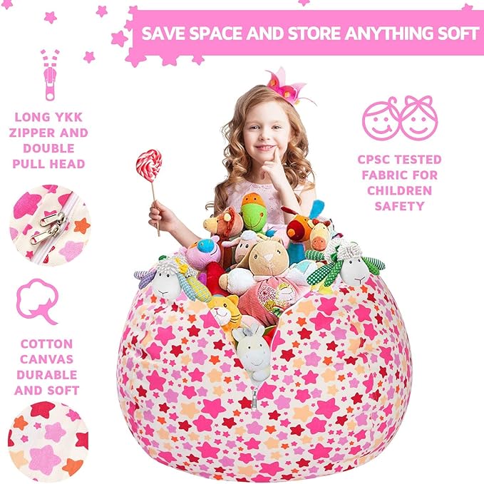WEKAPO Stuffed Animal Storage Bean Bag Chair Cover for Kids | Stuffable Zipper Beanbag for Organizing Children Plush Toys Large Premium Cotton Canvas (Small Star, X-Large)
