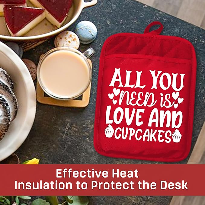 Red Christmas Pot Holders with Pockets, All You Need is Love and Cupcakes Christmas Holiday Oven Pot Holders Heat Resistant Oven Mitts Hot Pads for Kitchen Baking Cooking
