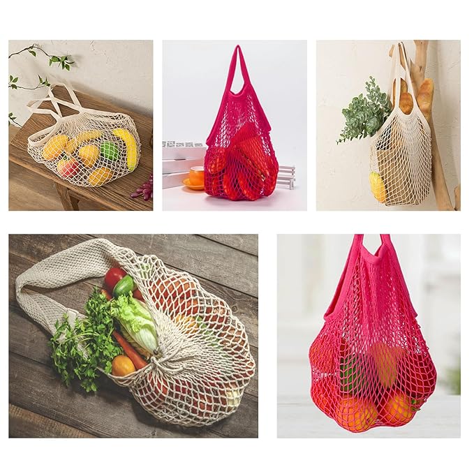 Zyzhogar 3 Pack Cotton Mesh Grocery Bags,Reusable Grocery Net Bags Washable Fruit and Vegetable Storage Bag Long Handle Net Tote Shopping Bags for Farmers Market, Grocery,Shoping or Trip,Beige